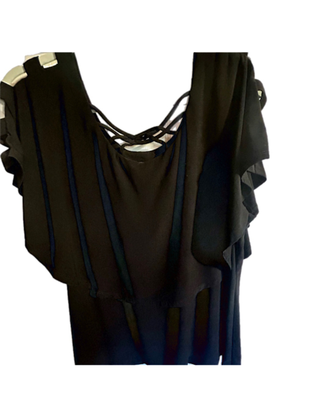 COCO BIANCO Black Blouse XL Cold Shoulder Strappy Cage Neck Layered Ruffle Top